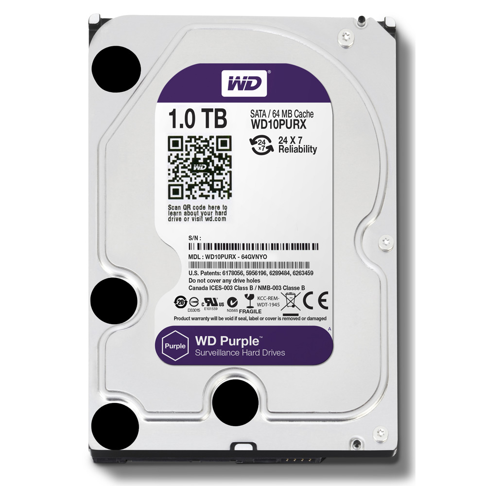 Жесткий диск HDD WD SATA 1Tb Purple Surveillance 6Gb/s 3.5" 5400rpm 64MB 24x7, WD10PURZ