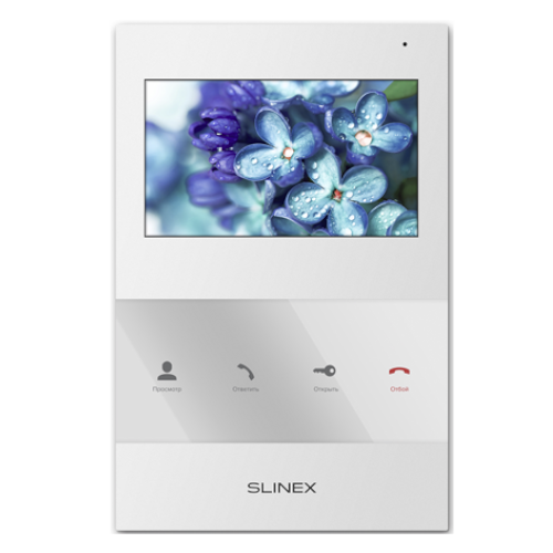 SQ-04 white - Цветной видеодомофон, настенный Slinex, 4.3" TFT LCD дисплей 16:9, разрешение экрана 480×272. Подключение 2-х вызывных панелей. Функция памяти – нет. Функция интеркома – не поддерживается