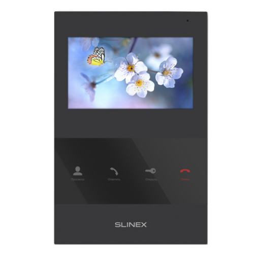 SQ-04 black - Цветной видеодомофон, настенный Slinex, 4.3" TFT LCD дисплей 16:9, разрешение экрана 480×272. Подключение 2-х вызывных панелей. Функция памяти – нет. Функция интеркома – не поддерживается