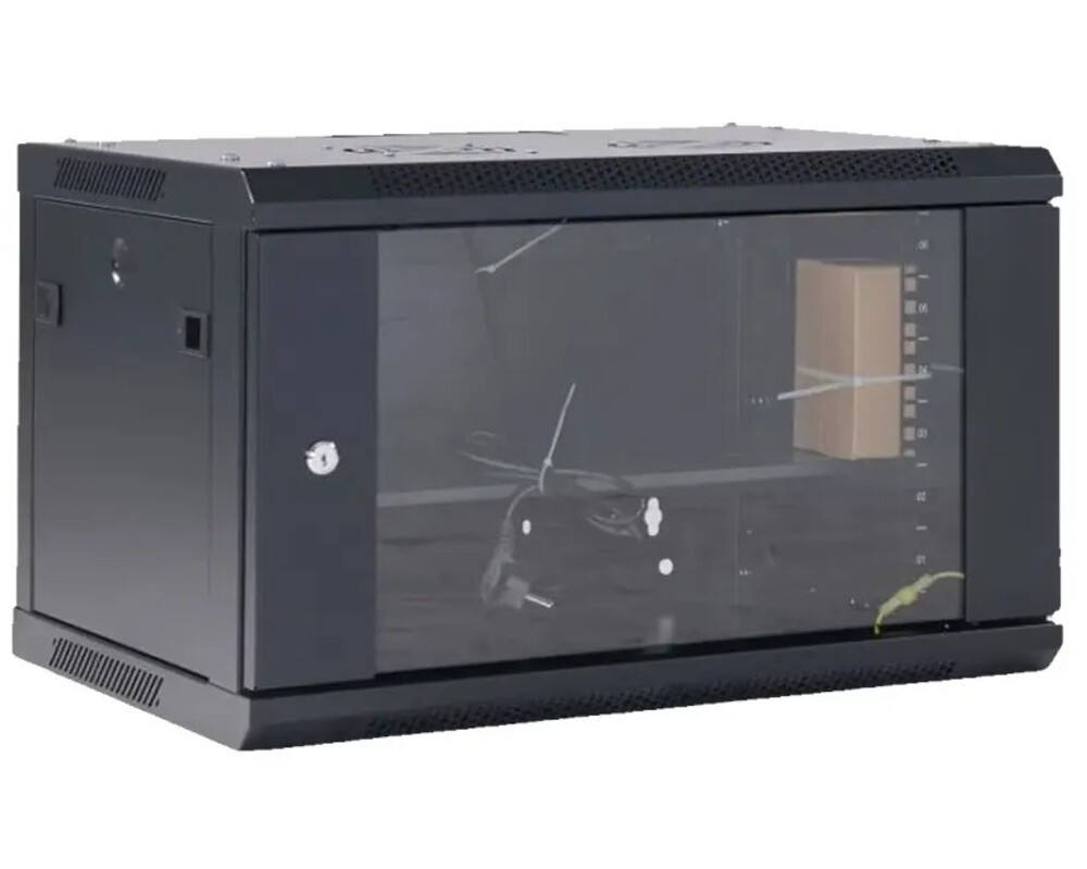 04-0664-112 - Настенный телекоммуникационный шкаф 19" 6U 600×450мм, дверь стекло, с задней стенкой, разборный, черный (RAL 9005), Rexant