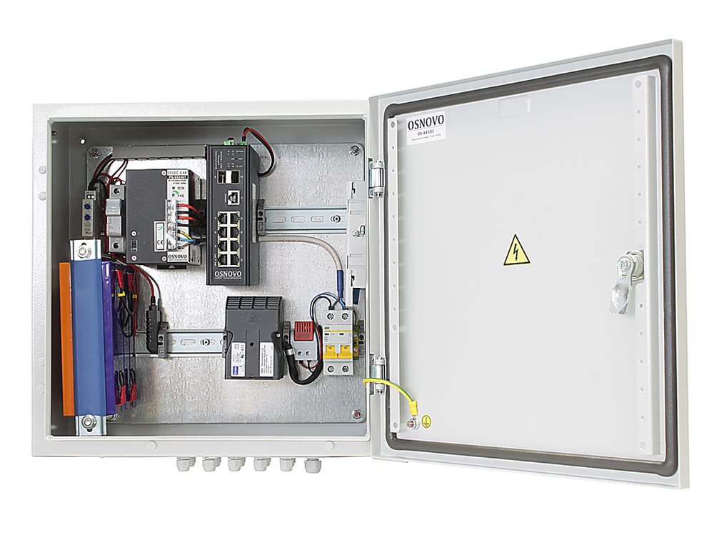 OS-44TB1(SW-80802/ILS(port 90W)) - Уличный управляемый (L2+) коммутатор на 10 портов с термостабилизацией, резервным питанием и функцией мониторинга температуры/влажности/напряжения на базе уличной станции OS-44TB1. Порты: 1 x GE (10/100/1000Base-T) с PoE (до 90W, IEEE 802.3bt) + 7 x GE (10/100/1000Base-T) с PoE (до 30W) + 2 x GE SFP (1000Base-X).