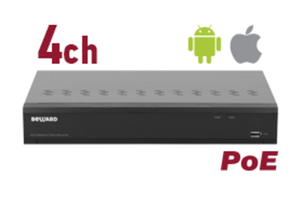 RK0104-P - IP видеорегистратор Beward 4 IP-канала с PoE, H.265/H.264, 50 Мбит/с, 3840x2160 (8 Мп), ONVIF, P2P сервис (мобильный клиент iOS/Android), 1x SATA HDD 3.5'', 1x VGA/HDMI, 1x 100 Мбит/с Ethernet, 4 тревожных входа / 1 тревожный выход