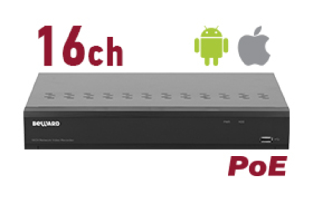 RK1116-P - IP видеорегистратор Beward 16 IP-каналов с PoE, H.265/H.264, 112 Мбит/с, 4000х3000 (12 Мп), ONVIF, P2P сервис (мобильный клиент iOS/Android), 1x HDD 3.5'' + 1x eSATA, VGA / HDMI, 1x 1000 Мбит/с Ethernet, 8 тревож.вх. / 1 тревож.вых.