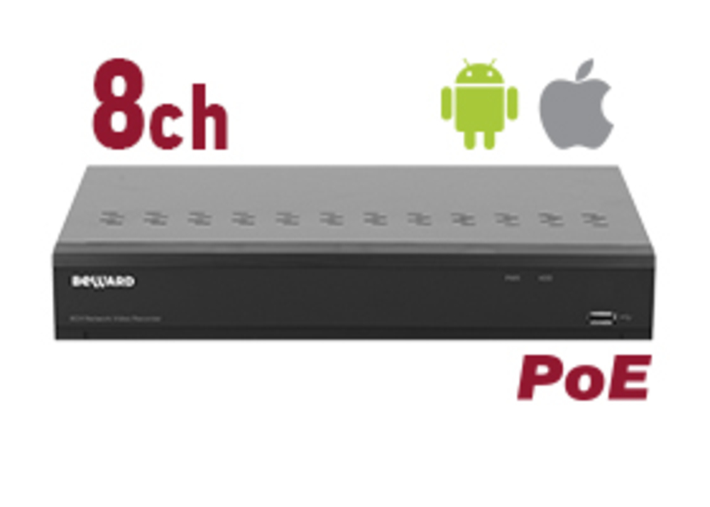RK0108-P - IP видеорегистратор Beward 8 IP-каналов с PoE, H.265/H.264, 76 Мбит/с, 3840x2160 (8 Мп), ONVIF, P2P сервис (мобильный клиент iOS/Android), 1x SATA HDD 3.5'', 1x VGA/HDMI, 1x 100 Мбит/с Ethernet, 8 тревожных входов / 1 тревожный выход