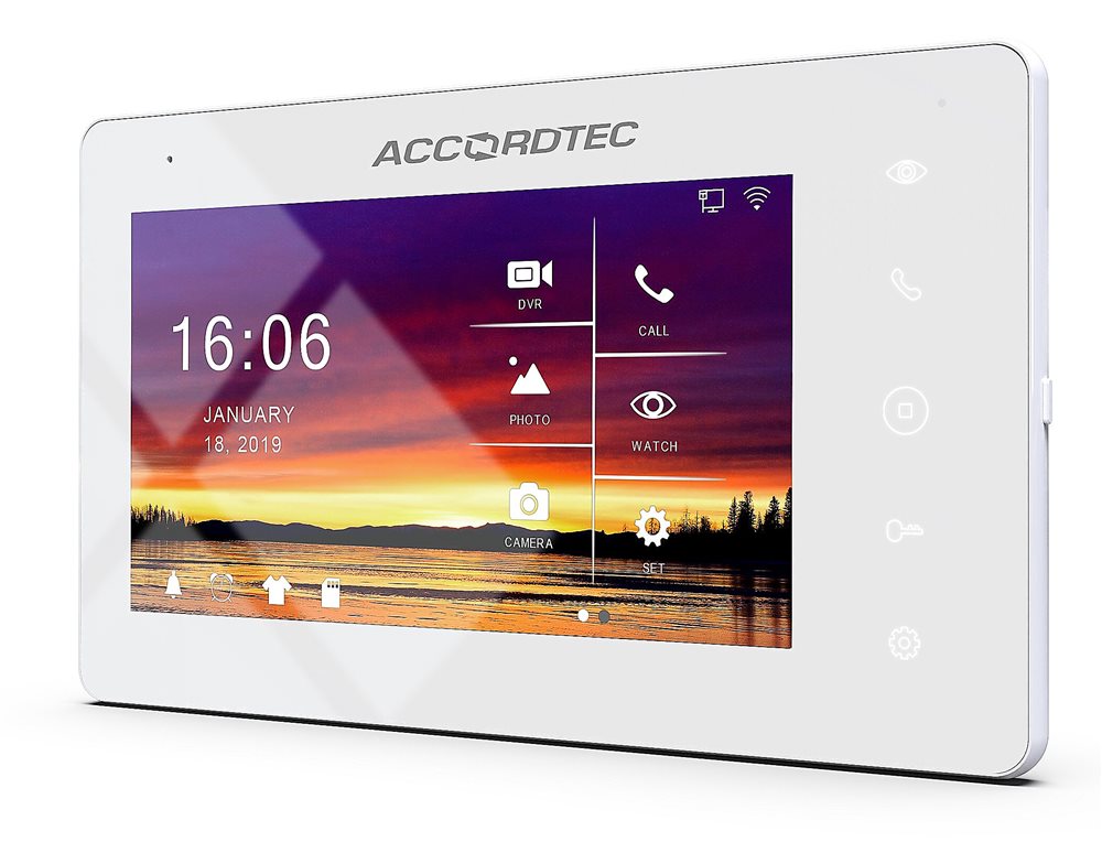 AT-VD 710W WH - Видеодомофон 7", WI-FI, LAN с емкостным сенсорным экраном Удалённое подключение к монитору через приложение Tuya Smart для Android и IOS. Сенсорные кнопки, 1080P/720P/CVBS Подключение двух вызывных панелей и двух видеокамер.