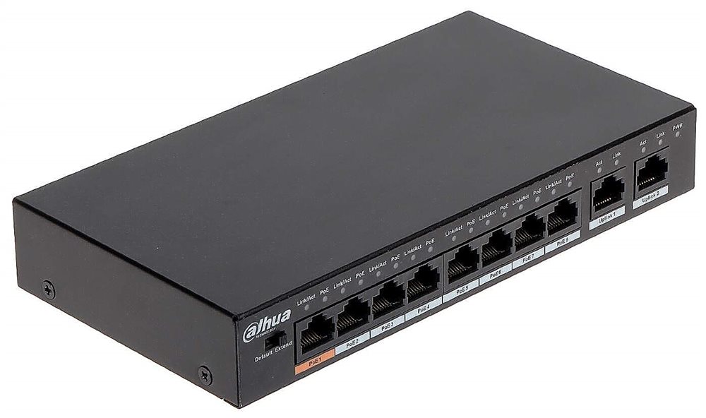DH-PFS3010-8ET-65 - Коммутатор, Dahua, DH-PFS3010-8ET-65, Неуправляевый, 8 портов PoE со скоростью передачи 10/100 Мбит/с Base-TX 2 порта Uplink со скоростью передачи 10/100 Мбит/с Base-TX, Бюджет мощности PoE_x0009_Порты 1-8  30 Вт, общий бюджет мощности PoE  65 Вт