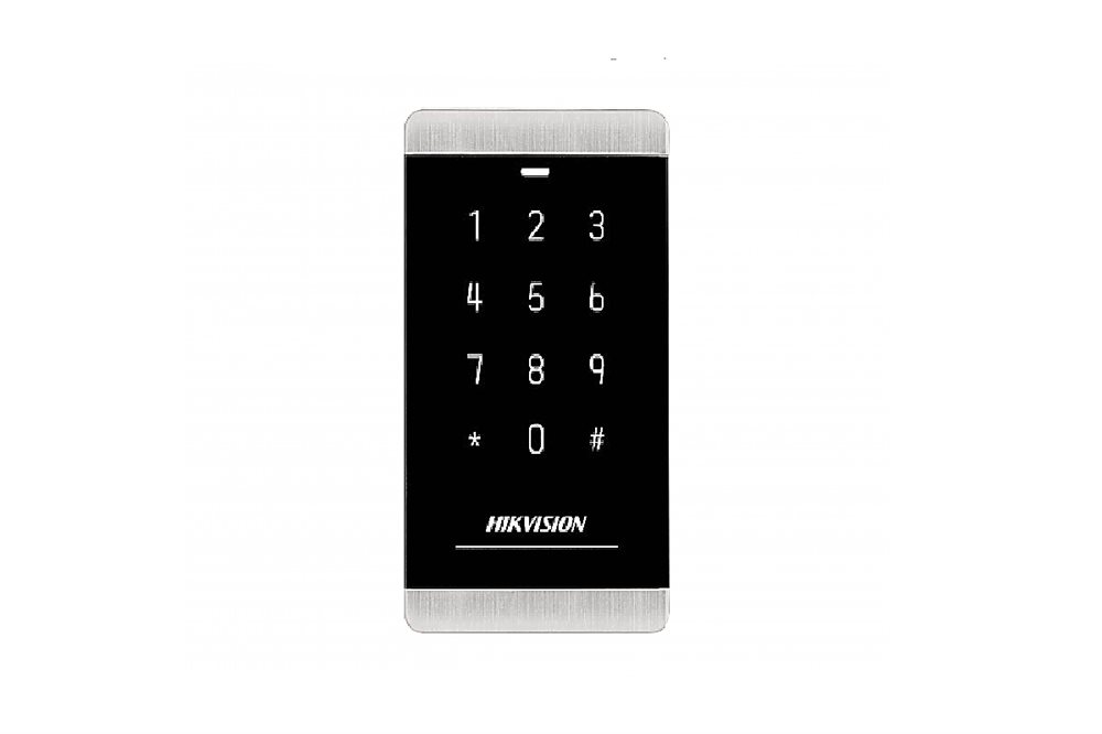 DS-K1103MK - Считыватель Mifare карт с сенсорной клавиатурой, дальность считывания: 30-50 мм; поддержка протоколов RS485 и Wiegand (W26/W34); DC12В; 6Вт; -40 °C...+70°C; IP64; размер 129×76×14.7мм; пластик.