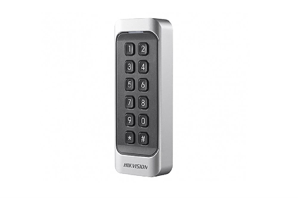 DS-K1107AMK - Считыватель Mifare карт с механической клавиатурой, дальность считывания: ≥50 мм; поддержка протоколов RS485 и Wiegand (W26/W34); DC12В; 2Вт; -40 °C...+70°C; IP65; размер 115×44×22мм; пластик.
