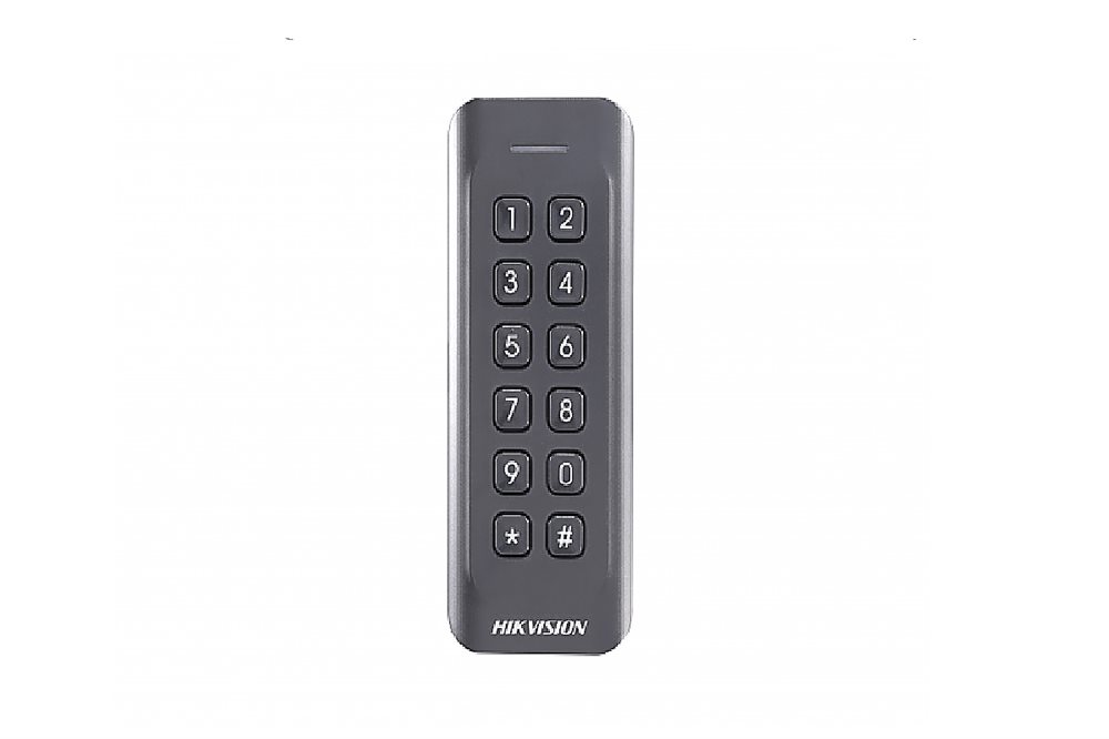 DS-K1802MK - Считыватель Mifare карт с механической клавиатурой, дальность считывания: ≥50 мм; поддержка протокола Wiegand (W26/W34); DC12В; 2Вт; -40 °C...+70°C; IP65; размер 115.9×43.3×17мм; пластик.