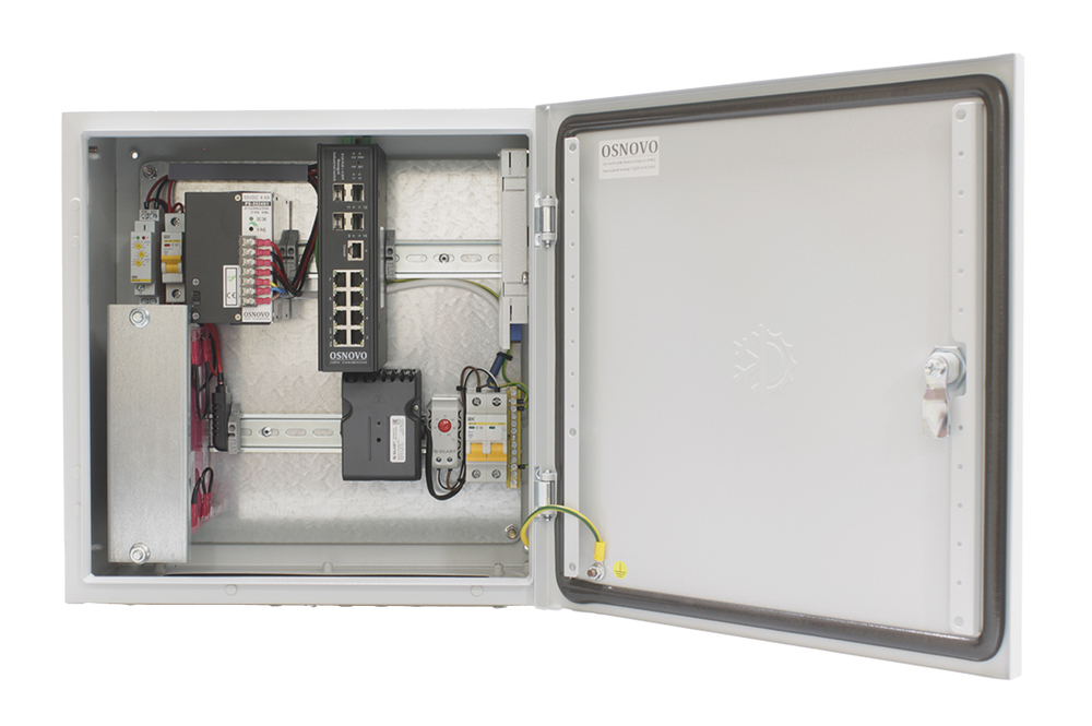 OS-44TB1(SW-80804/ILS(port 90W)) - Уличный управляемый (L2+) коммутатор на 12 портов с термостабилизацией, резервным питанием и функцией мониторинга температуры/влажности/напряжения на базе уличной станции OS-44TB1. Порты: Порты: 1 x GE (10/100/1000Base-T) с PoE BT (до 90W) + 7xGE (10/100/1000Base-T) с PoE (до 30W) + 4xGE SFP (1000Base-X), OSNOVO