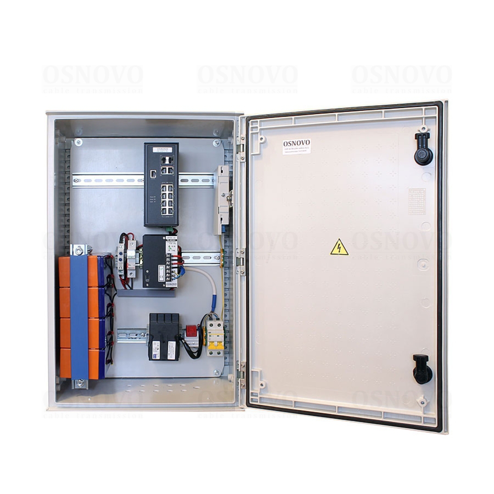 OSP-46TB1(SW-80822/ILR) - Уличный управляемый (L2+) коммутатор на 10 портов с термостабилизацией и резервным питанием на базе уличной станции OSNOVO OSP-46TB1. Порты: 8 x FE (10/100Base-T) с PoE (до 30W) + 2 x GE Combo