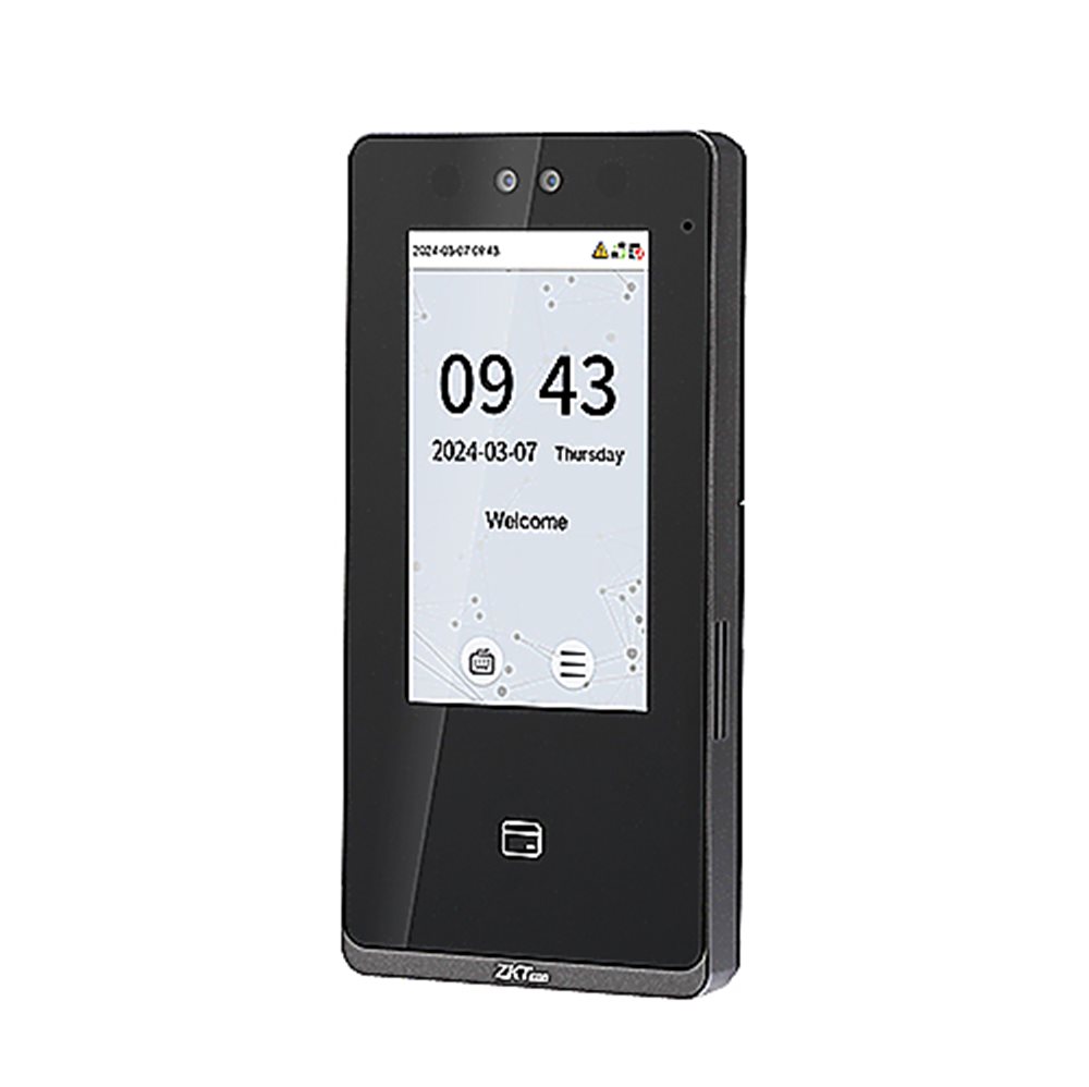 ZKTeco SenseFace 4B - Биометрический терминал с функцией распознавания лиц.  Память: лиц 6 000, карт 8 000, событий 200 000. 4,3" IPS дисплей. TCP/IP, USB, Wiegand, RS485. ОС Linux. IP65. -5°C to 45°C. Считыватель карт EM